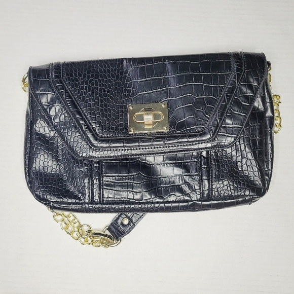 Steve Madden Shoulder Bag Black Gold Snake Embossed Patent Leather Hardware - Picture 4 of 9